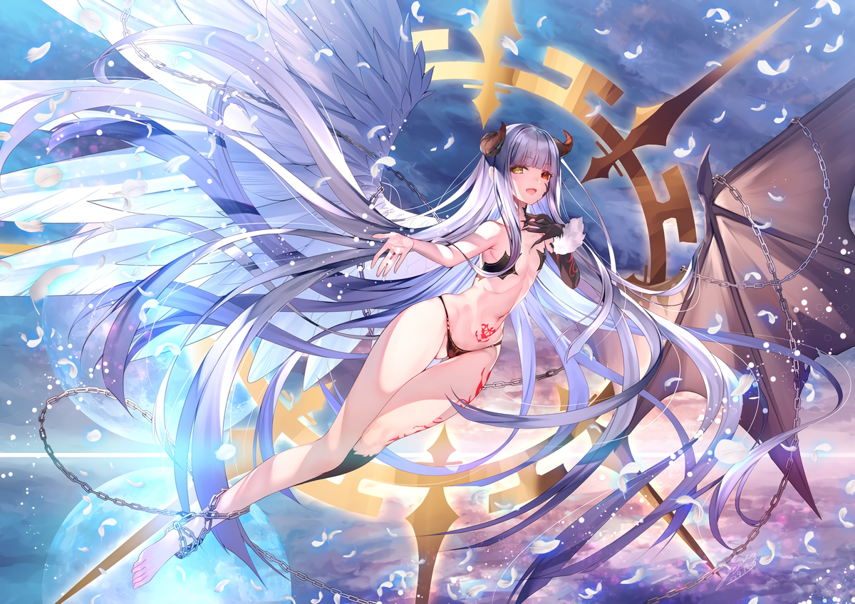 Konachan.com - 296789 barefoot bicolored_eyes chain feathers flat_chest horns lo.png